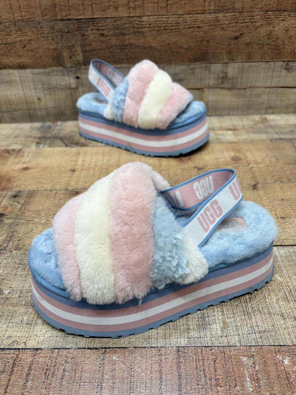 UGG 1121485 Sandals Womens Size 8 39 Multi Fuzzy Slingback Platform Wedge Shoes